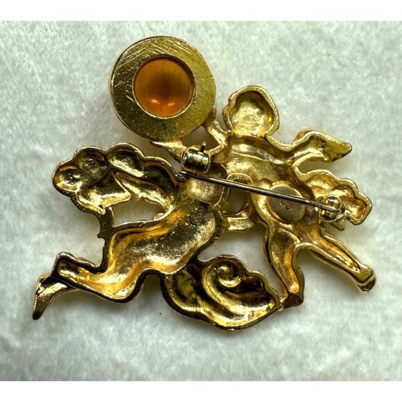 Signed LS Gold Tone  Amber Angels Playing Brooch Pin Creepy Eyes - Picture 3 of 6